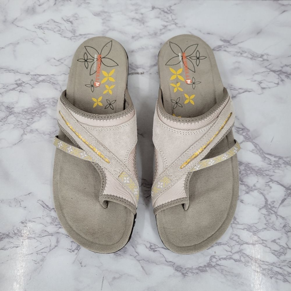 Merrell Silver Lining Women's Slide Sandals with Toe Cuff Gray Suede and Yellow